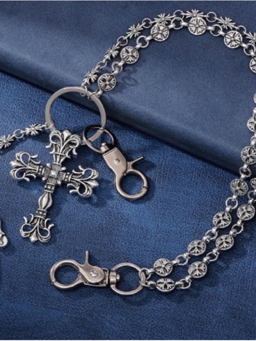 Silver Fleur Cross Chain Keychain Necklace - Women Accessories
